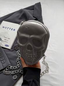 BAILEE 1 chiếc túi hình đầu lâu bằng silicon màu trơn, phong cách punk thời trang, chủ đề Halloween, có khóa kéo và dây xích kim loại, túi đeo chéo dành cho nữ, phù hợp cho các bữa tiệc chủ đề Halloween, phối hợp với trang phục Halloween và làm quà tặng Halloween, hoàn toàn phù hợp với trang phục Halloween. - Bạc - Xem 9