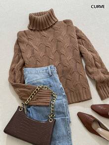 Sweater Rajut Lengan Panjang Berkerah Tinggi Bertekstur Motif Sisal Cokelat, Nyaman, Kasual, Elegan, Modis untuk Musim Gugur dan Musim Dingin. - Coklat - View 3