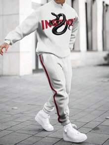 New European And American Men's Two-Piece Set, Featuring A Long-Sleeve Stand-Collar Top And Casual Sports Pants, Warm And Comfortable Casual Outfit; Vintage Stand-Collar Half-Zip Top With Snake-Shaped Wrapped Letter Print Design, Creative Letter Print Design For  Street Fashion; Regular Fit With High-Quality Soft And Comfortable Fabric, The Best Choice For Holiday Gifts.