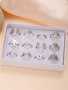 3/6/12pcs Fashionable & Cute Life Tree, Flower, Angel Wing Multi-Element Ring Set, Suitable For Girl's Daily Wear (Random Style, Random Size, No Gift Box)