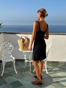 女士休闲无袖纯色轻薄度假罩衫迷你连衣裙沙滩黑色夏季 - 黑色 - 查看 7