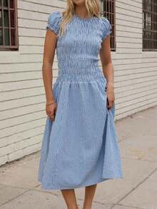 Women's Summer Dresses, Plaid Print Round Neck Short Sleeve Midi Dress For Casual Dailly Street Wear - 天藍色 - 查看 1