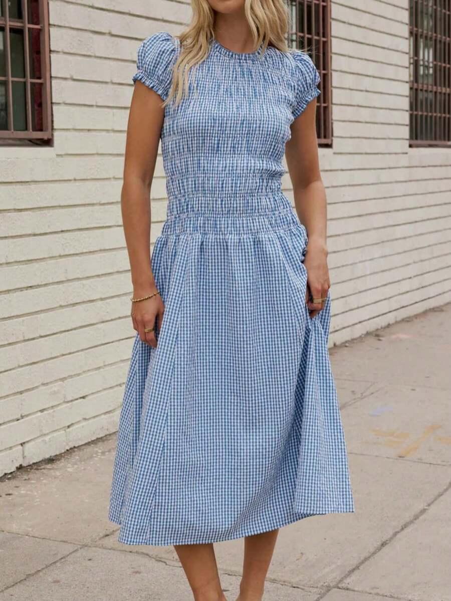 Women's Summer Dresses, Plaid Print Round Neck Short Sleeve Midi Dress For Casual Dailly Street Wear - 天藍色 - 查看 1