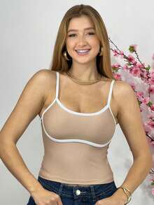 KIT 2 peças Regata Cropped Feminina Decotada com Bojo e Alças Finas 2334 com Costura Contraste no Busto - Tamanho Único - Fashion, Blogueira, Confortável, Lindo, Delicado, Ocasional e Moderno - Bege e Preto - Visão 7