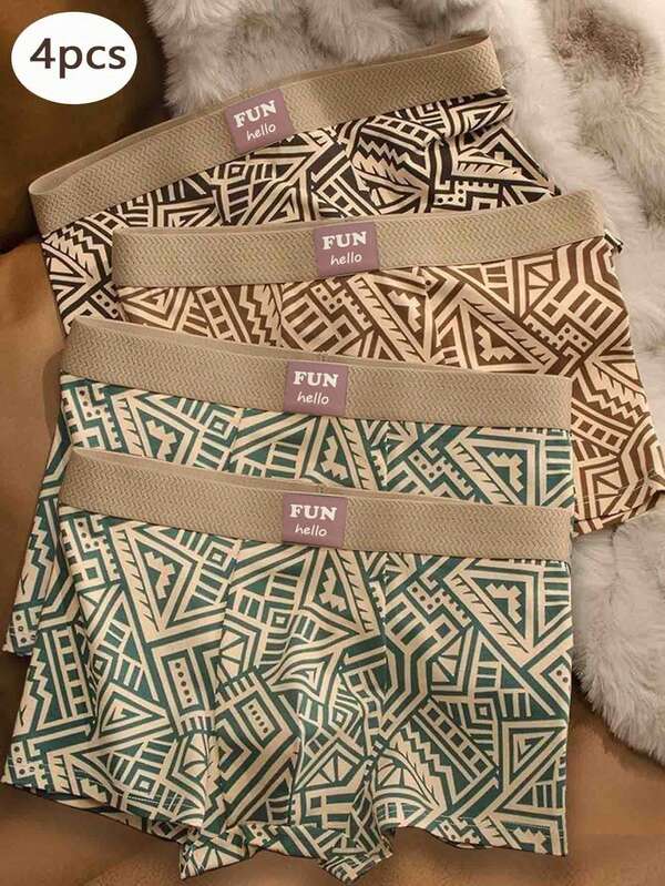 4-Piece Men's Boxer Shorts; No Itchy Labels; Geometric Pattern Retro Shorts; Soft; Elastic Waistband; Elastic And Fitted Underwear For Daily Wear