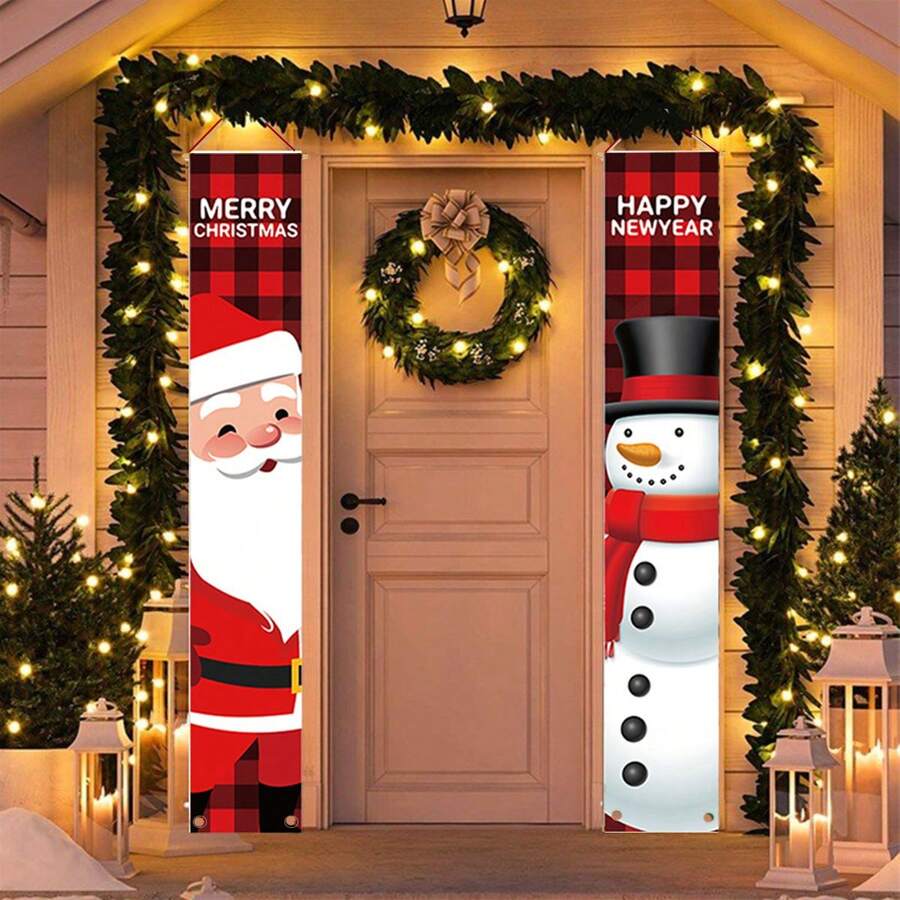 1set (2pcs) - Christmas Couplets, Snowman Old Man Pattern Door Curtain Banners, Christmas Holiday Room Door Decorations, Party Home Courtyard Outdoor Garden Decoration Paintings And Hanging Fabrics, Christmas Party Atmosphere Decoration Supplies