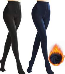 2 Pairs 120D Fleece Lined Tights For Women, High Waist Thermal Leggings & Opaque Pantyhose For Winter - 黑色和海軍藍 - 查看 1