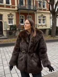 Seelio 秋冬新款仿皮草效果中长款加厚保暖大衣（配腰带） - 巧克力棕 - 查看 3