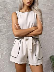 Conjunto de 2 piezas informal de verano de mujeConjunto de top y shorts de unicolor para damas, perfecto para vacaciones/tiempo libre - Blanco - Ver 8