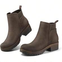 Women's Chunky Heel Chelsea Boots – Elastic Gore Slip-On Ankle Booties With Lug Sole, Comfortable Platform Shoes For Fall Winter, Office & Daily Wear - Cà phê - Xem 1