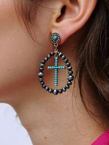 1pc Western Country Style Women Earrings, Gun Black Electroplating, Brushed Surface, Synthetic Green Turquoise Embellished, Teardrop Design, Suitable For Beach Holiday, Work, Daily Wear, Valentine's Day, Mother's Day Gift,Mom,Mother,Mother's Day,Gift - Teardrop - View 3