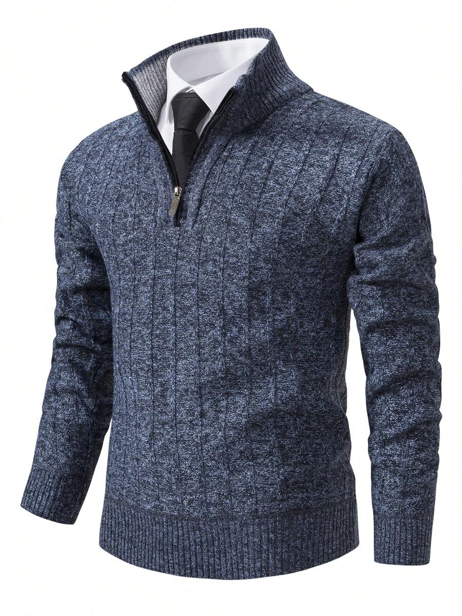 Men's Sweater Knitted Top Long-Sleeved Pullover Autumn And Winter Plus Velvet Thick Warm Sweater Zipper Half Cardigan No Hood Stand Collar Solid Color Home Clothes Casual Hiking Sports Wear - 藍色 - 查看 1