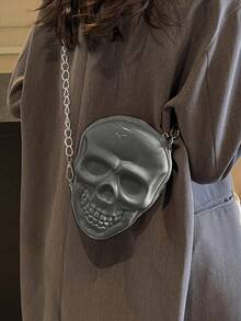 BAILEE 1 chiếc túi hình đầu lâu bằng silicon màu trơn, phong cách punk thời trang, chủ đề Halloween, có khóa kéo và dây xích kim loại, túi đeo chéo dành cho nữ, phù hợp cho các bữa tiệc chủ đề Halloween, phối hợp với trang phục Halloween và làm quà tặng Halloween, hoàn toàn phù hợp với trang phục Halloween. - Bạc - Xem 7