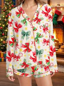 Christmas Pajamas Set For Women Satin Bow Tie Buttn Down Shirt Shorts Christmas Silk 2 Piece Pjs Set Sleepwear - Đỏ - Xem 4