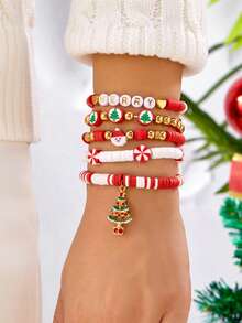 8Pcs Christmas Themed Charm Bracelet Set,Women's Jewelry Set For Party,Festival Gift For Family&Friends,Santa&Snowflake&Candy Cane&Heart&Star