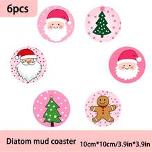 4 piezas/6 piezas/300 piezas Posavasos de barro de diatomeas con patrón de Papá Noel lindo sobre fondo rosa, posavasos de café, decoración multiocasión para el hogar y restaurante, regalos diarios, decoración de mesa, decoración diaria, decoración de fiesta temática
