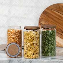 Set 3 Recipientes Plástico Reutilizable con Tapa Madera Acacia - 1 Litro, Ligero y Ideal para Preparar Comidas - Transparente - Ver 2