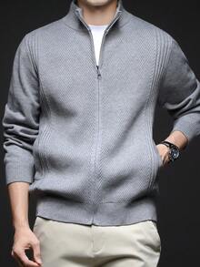 男士秋冬开衫毛衣，立领休闲风，商务/通勤内搭或外穿拉链针织衫，长袖上衣 - 灰色 - 查看 5