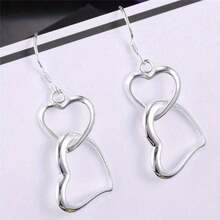 Fashionable Silver-Plating Double Heart Shaped Long Earrings Women, Suitable Daily Outings, Travel And Vacation - 銀色 - 查看 4