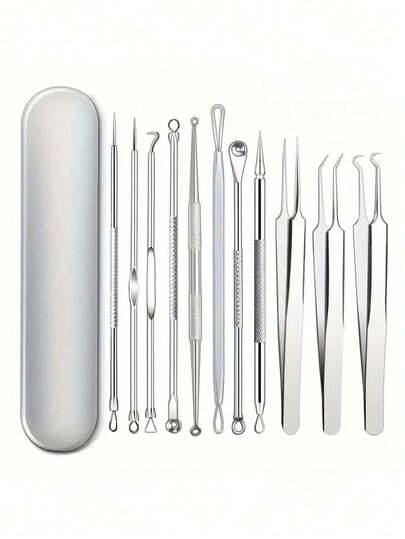 4/11pcs Needling Beauty Tool Set - Acne Needle, Elbow Hook, Blackhead Remover Extractors | Y2K Goth Travel Skincare Essentials For Blemish Care | Perfect For Professional Use, Home Skincare, And Teen Routines | Great Gift For Halloween And Christmas