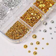 12-Piece Set Of Gold And Silver Half-Round Nail Art Accessories, Mixed Assembly 3D Nail Diamonds(Suitable For Halloween, Thanksgiving, Christmas, And Festive Party Nail Decorations) - 6格金色6格銀色 - 查看 7