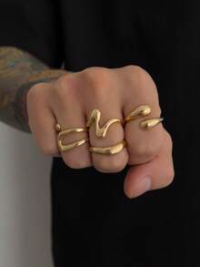 3pcs Men's Asymmetrical Geometric Golden Carved Square Rings, Minimalist Punk Fashion Ring Set - 3 Piece Ring Set - View 4