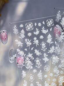 Glänzende geprägte Vintage Mondlicht Rose Blume 5D Nagel Aufkleber Weiße botanische Blütenblätter Bezaubernde florale Motive Gotisch Elegant Maniküre Kunst Selbstklebende Aufkleber Dekoration