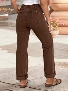 Celana Jeans Wanita Ukuran Besar Model Lurus dengan Kantong, Kasual Sehari-hari Serbaguna, Pinggang Sedang, Pinggang Elastis, Model Mom Jeans Musim Semi dan Gugur - Coffee Brown - View 3