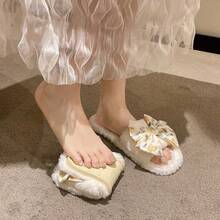 Dwukolorowe, wsuwane, wygodne, grube, polarowe kapcie damskie z kokardką