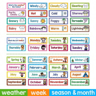 Lachilly Tarjetas de aprendizaje de inglés sobre semana/clima/estaciones y meses, tarjetas didácticas de inglés, ayudas docentes, tarjetas de actividades para desarrollo de vocabulario, suministros de decoración para aula escolar, recursos para aula en casa, juguetes educativos