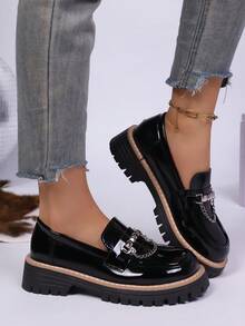 Mocassini casual da donna con punta tonda, neri, con suola spessa, scarpe basse adatte per l'uso quotidiano, per tutte le stagioni