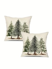 1/2/4Ppcs 乡村风情圣诞枕套 - 雪松树冬日风景印花图案，白色背景搭配绿色和棕色点缀，拉链开合，可机洗，适用于沙发、客厅、卧室节日装饰、节日枕套、季节性沙发装饰、节日枕套、拉链开合枕头 - 墨綠色 - 查看 6