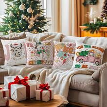 4 Stücke Cartoon Weihnachten Schachbrettmuster bedruckter Kissenbezug Set