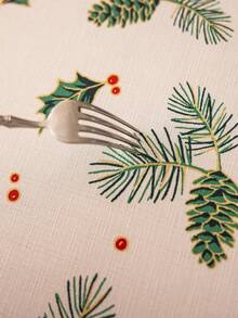 1pc Merry Christmas Rectangular Tablecloth, Green Pine Leaf & Pine Cone Print Pattern, Bamboo Texture, Washable, Suitable For Dining Table, Coffee Table, Nightstand, Cabinet Cover, Home Kitchen, Party, Christmas Decor, Holiday Gift, New Year Decoration - Green - View 14