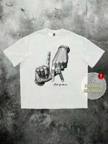 Los Angeles LA Hand Gesture Print Street Style Black Drop Shoulder-Shirt Men - 白色 - 查看 2