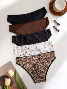 5pcs/Pack Women's Seamless Breathable Strawberry & Leopard Print Panties