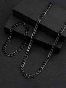 1 Set Stainless Steel Black Chain Jewelry Set, Fashionable Punk Hip-Hop Accessories Suitable For Men And Couples Everyday Wear