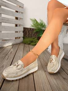 Mocasini cu talpă groasă și platformă pentru femei, cu vârf rotund, cataramă metalică, cu toc plat, stil britanic, culoare solidă, casual, din piele PU, pentru exterior, primăvară 2025 - Aur roz - Vizualizare 12