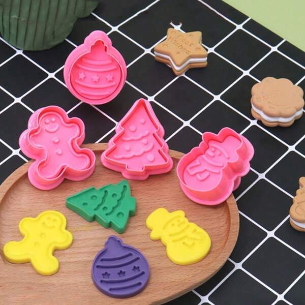 4 cortadores de biscoitos de Natal, moldes para assar, designs variados, incluindo árvore de Natal, Papai Noel, boneco de neve, boneco de gengibre, moldes de chocolate, cortadores de fondant com mola, adequados para sobremesas, bolos, presentes e decorações de Natal
