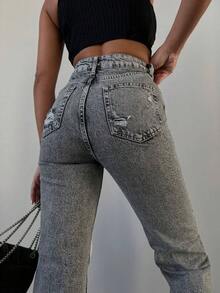 SQUALO Jeans de mujer con efecto lavado en azul, desgarrados y con efecto desgastado, estilo urbano