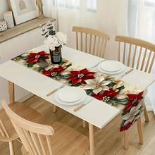 1pc Red Christmas Floral Table Runner With Poinsettia And Gold Accents - Dining Table Decor, Suitable For Kitchen, Outdoor Parties | Holiday Home Gift | Elegant Tabletop Accessory | Christmas Dining Table Decoration