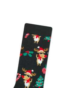 一套男士圣诞主题中筒袜，男女通用，印有卡通驯鹿和圣诞老人图案，建议手洗或干洗 - 彩色 - 查看 2