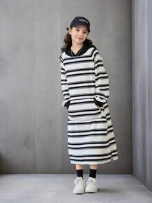 秋冬条纹连帽宽松连衣裙，前口袋，撞色肩袖中长连衣裙 - 彩色 - 查看 1