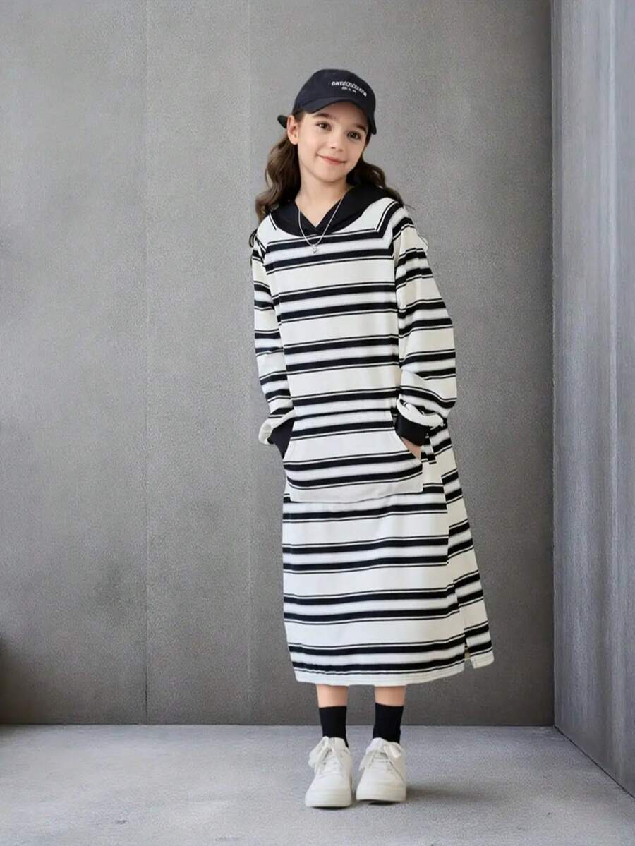 秋冬条纹连帽宽松连衣裙，前口袋，撞色肩袖中长连衣裙 - 彩色 - 查看 1