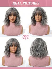 Peluca corta ondulada y rizada de 14 pulgadas en gris con flequillo, cabello corto y rizado, hermosa, elegante y encantadora, hecha de fibra sintética, resistente al calor, adecuada para uso diario, fiestas, vacaciones, cosplay y otras ocasiones, un regalo perfecto para damas. - Gris - Ver 8