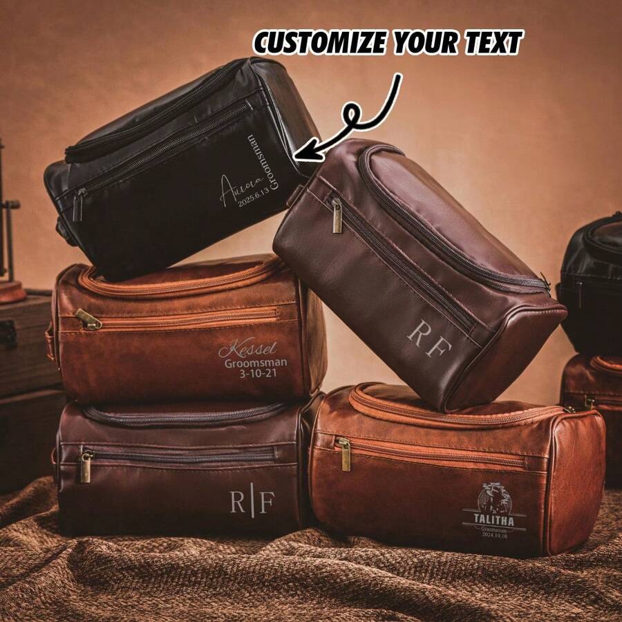 1PC Men's Personalized Leather Toiletry Bag, Customized Letter Printed Toiletry Bag, Travel Accessories, Groomsmen Gifts, Father's Day Gifts