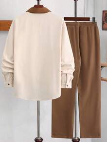 Conjunto de camisa e cardigan de manga comprida com estampa colorblock, confortável, de algodão misto, para outono/inverno, masculino maduro, com cordão na cintura, caimento relaxado e calça casual estampada. Adequado para passeios, encontros, viagens e deslocamento para o escritório. 100% poliéster, lavável à mão/máquina.