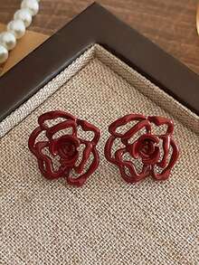 1 Pair Vintage Elegant Red Rose Flower Pattern Stud Earrings, Suitable For Women To Wear On Vacation, Party, Holiday, Couple Date, Birthday Gift, Mother's Day Gift