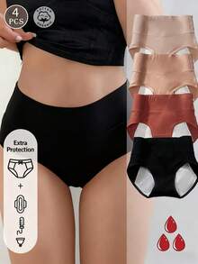 4pcs Maillard Color Menstrual Panties For Women, Leakage Prevention, Paired With Sanitary Pads, Crotch, Antibacterial, & Hygienic, High Waist Abdomen Control Period Underwear