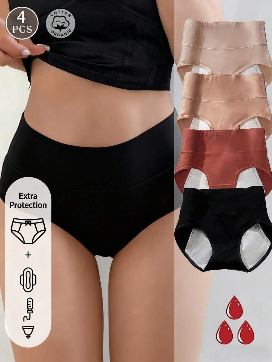 4pcs Maillard Color Menstrual Panties For Women, Leakage Prevention, Paired With Sanitary Pads, Crotch, Antibacterial, & Hygienic, High Waist Abdomen Control Period Underwear